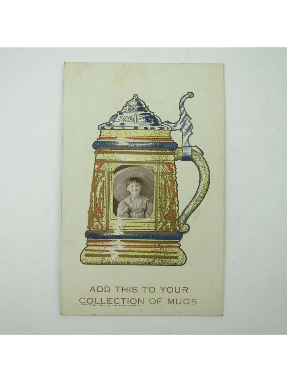 Postcard Real Photo Girl in Litho Print Beer Stein Rose Company Antique 1907